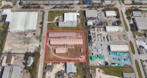 Drone photo of three warehouses at 4200 Blaffer St., Houston, TX