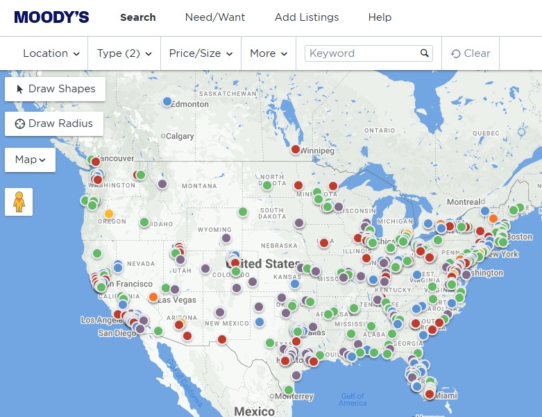 Moody's map with listing dots